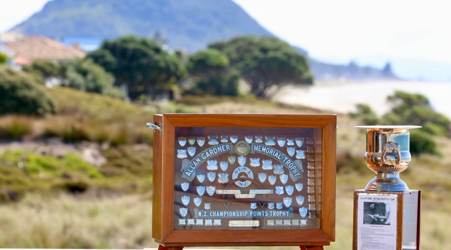 The Alan Gardber Trophy sitting pretty at its new home at Omanu Beach SLSC